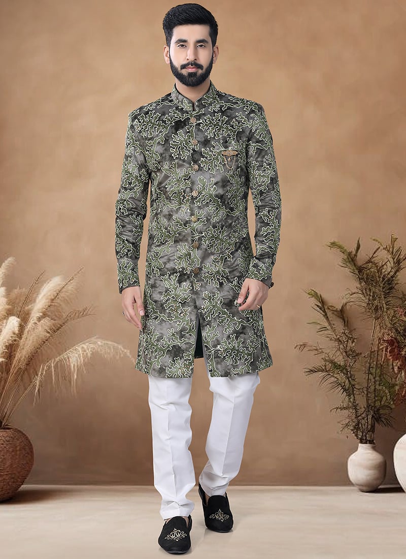 Green Velvet Embroidered Thread Classic Sherwani Wedding Wear