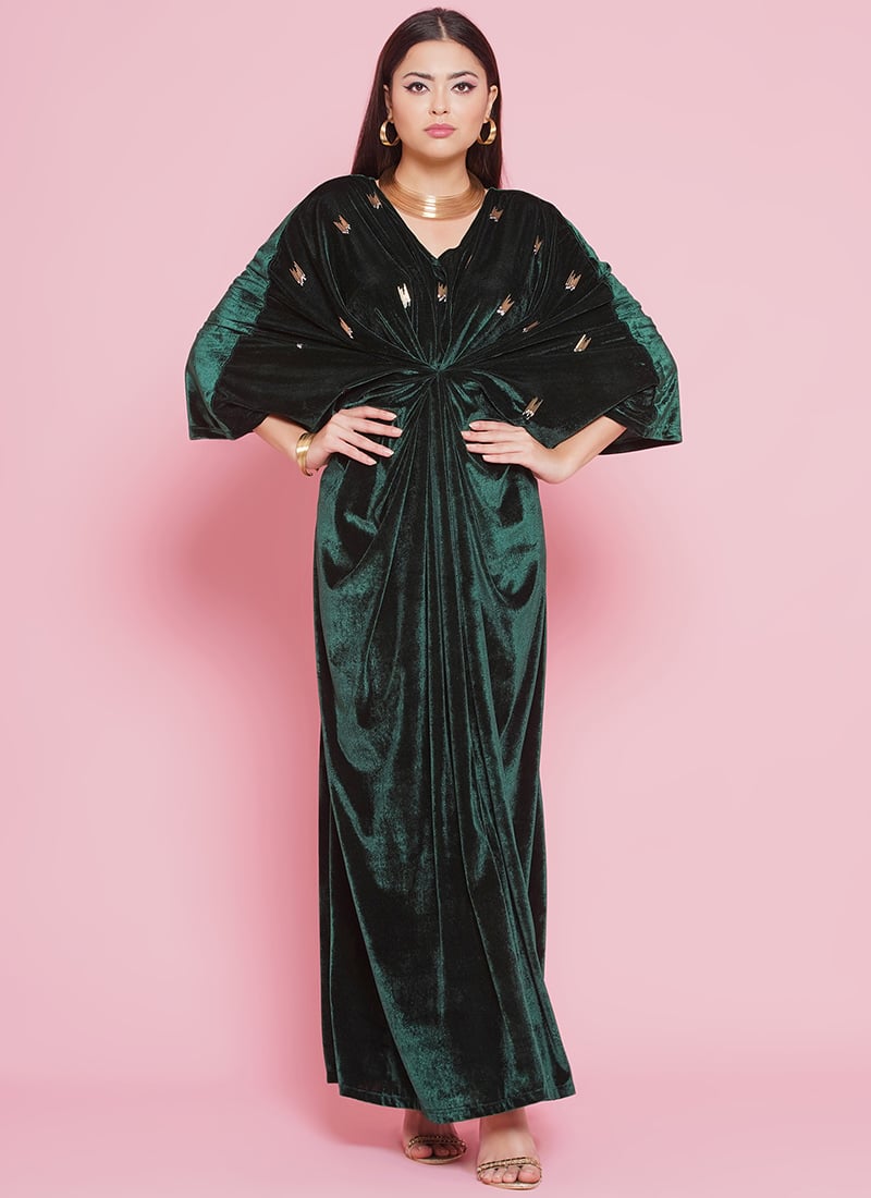 Green Velvet Hand Embroidered Beads Cutdana Work Indowestern Ball Gown