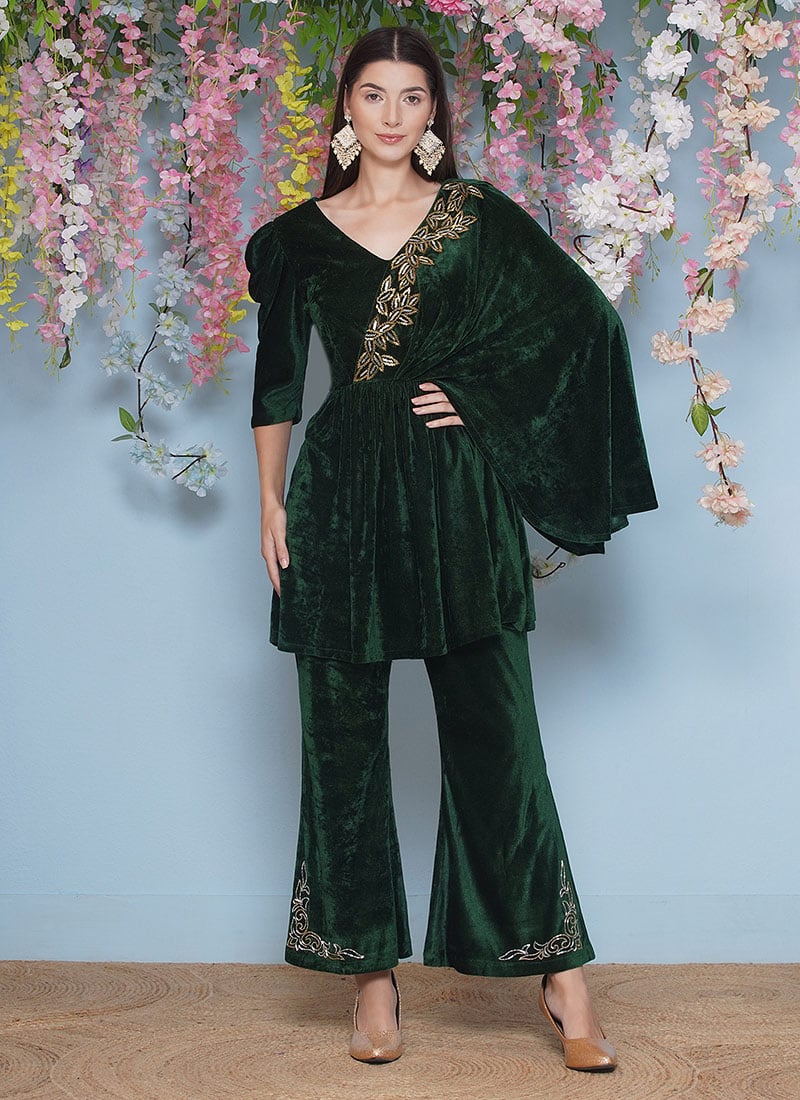 Green Velvet Hand Embroidered Cutdana Indowestern One Sided Kaftan Co ord Set