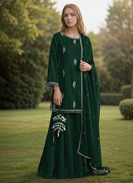 Green Velvet Hand Embroidered Sequins Sharara Suit