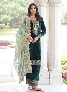 Green Velvet Sequins Embroidered Straight Pant Suit