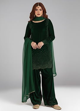 Green Velvet Sequins Hand Embroidery Salwar Suit