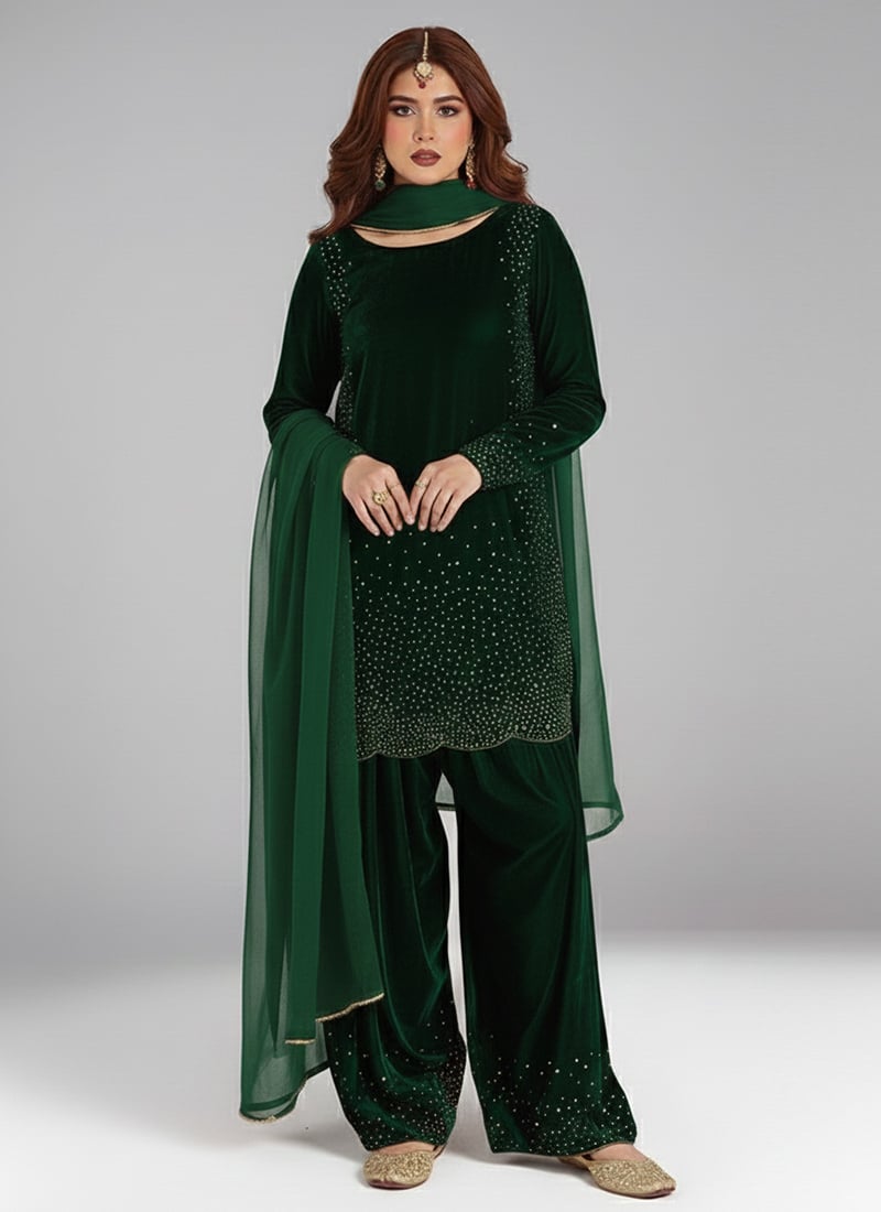 Green Velvet Sequins Hand Embroidery Salwar Suit Festive Wear