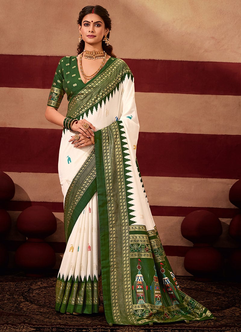 Green Velvet Tussar Silk Jacquard Foil Print Sambalpuri Foil Print Saree Festive Wear