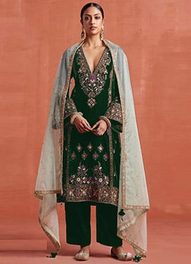 Green Velvet Zari And Embroidered Sequins Straight Pant Suit