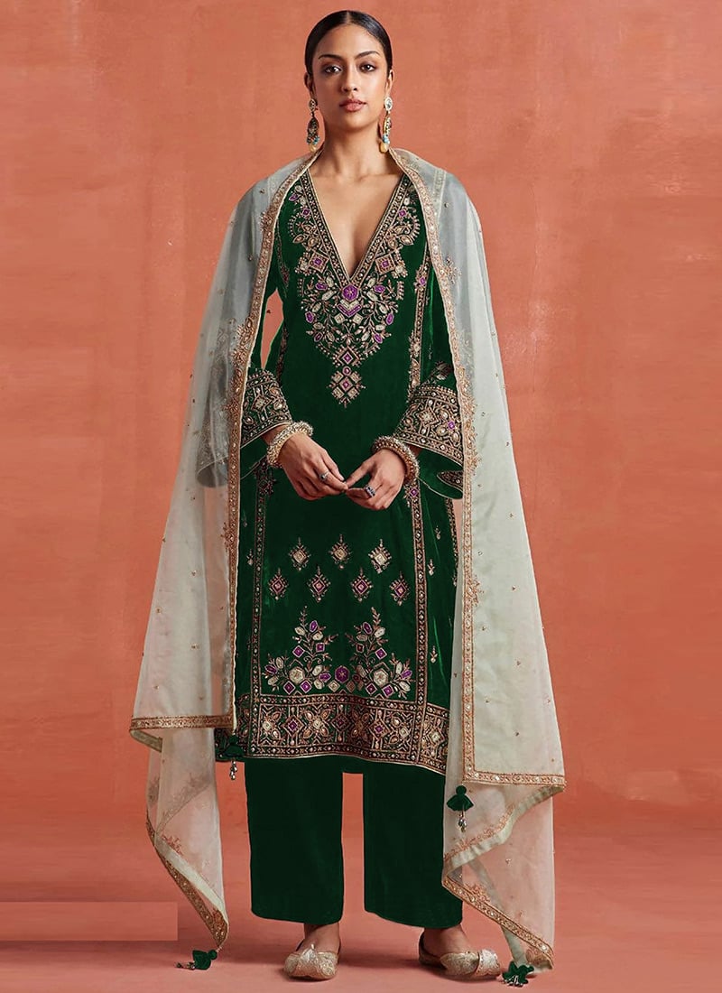 Green Velvet Zari And Embroidered Sequins Straight Pant Suit Festive Wear