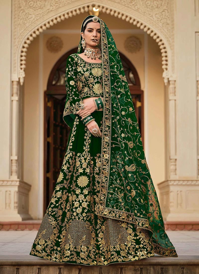 Green Velvet Zari Embroidered Sequins Royal Lehenga Wedding Wear-GHSCC48953076A