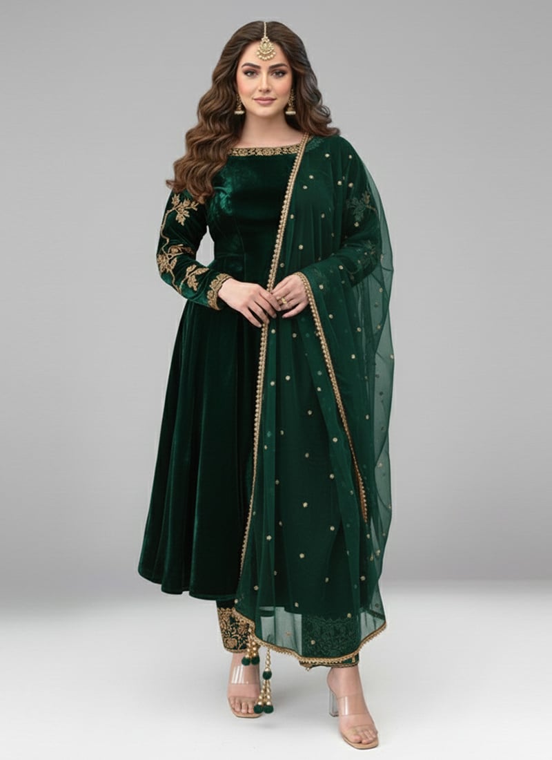 Green Velvet Zari Sequins Anarkali Suit Festive Wear