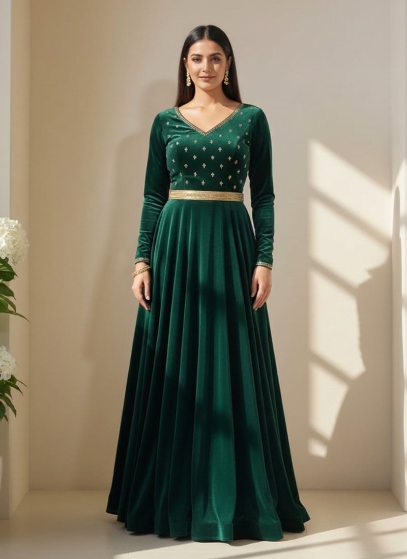 Green Velvet Zari Sequins Gown After Six Wear