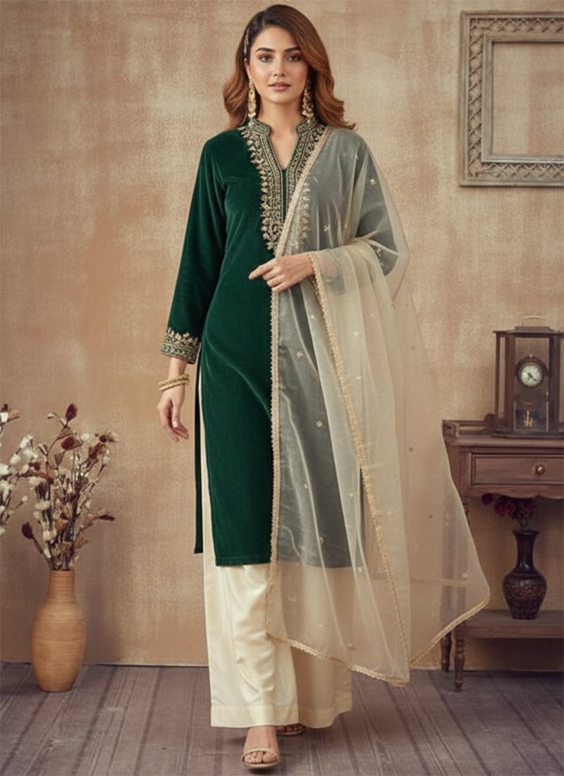 Green Velvet Zari Sequins Premium Palazzo Suit Festive Wear