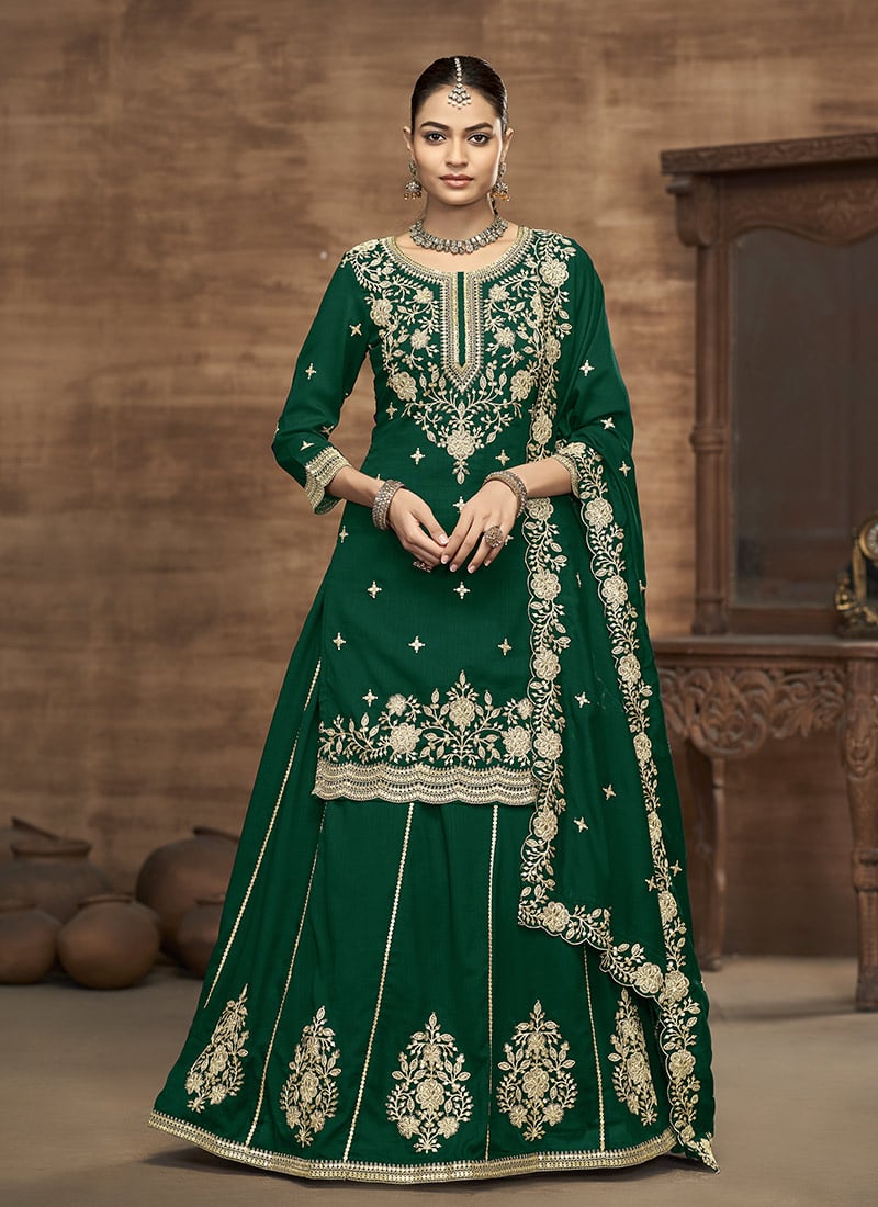 Green Vichitra Silk Embroidered A Line Lehenga Wedding Wear