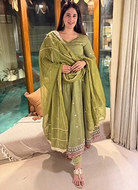 Green Vichitra Silk Embroidered Anarkali Suit