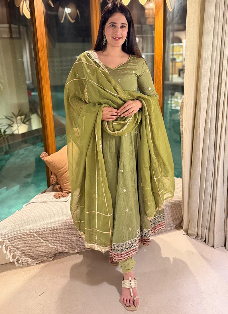 Green Vichitra Silk Embroidered Anarkali Suit After Six Wear