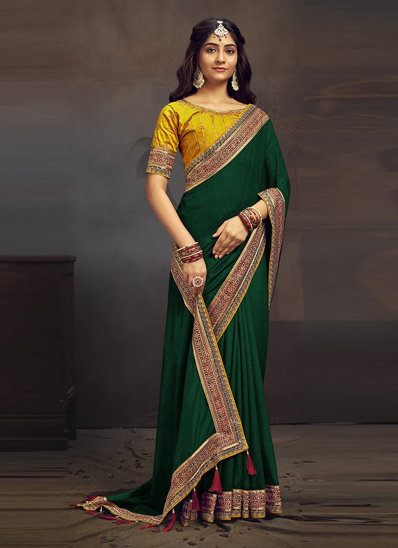 Green Vichitra Silk Embroidered Saree Festive Wear