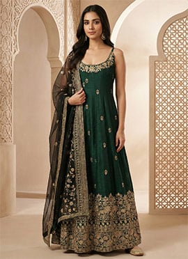 Green Vichitra Silk Embroidered Sequins Anarkali Suit