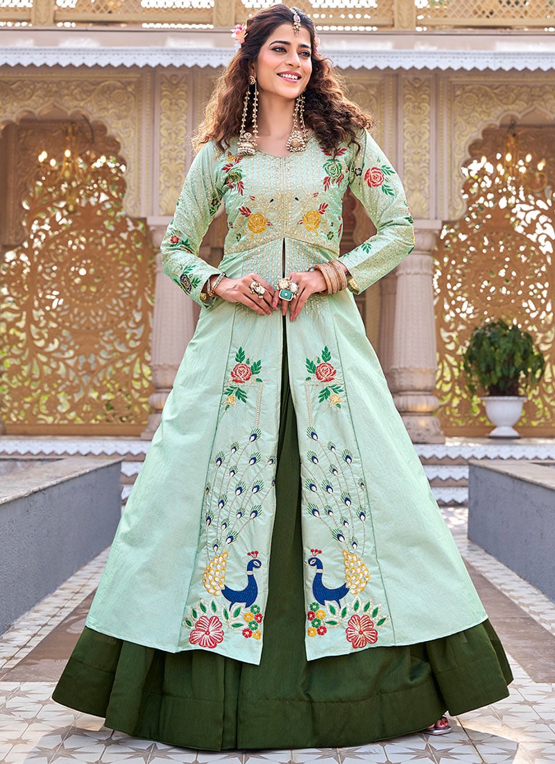Green Vichitra Silk Embroidered Sequins Indowestern Sets and Suits Wedding Wear