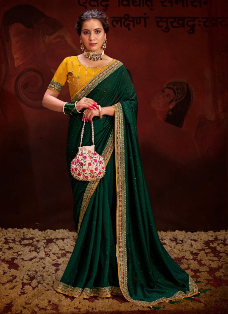 Green Vichitra Silk Embroidered Sequins Saree Festive Wear