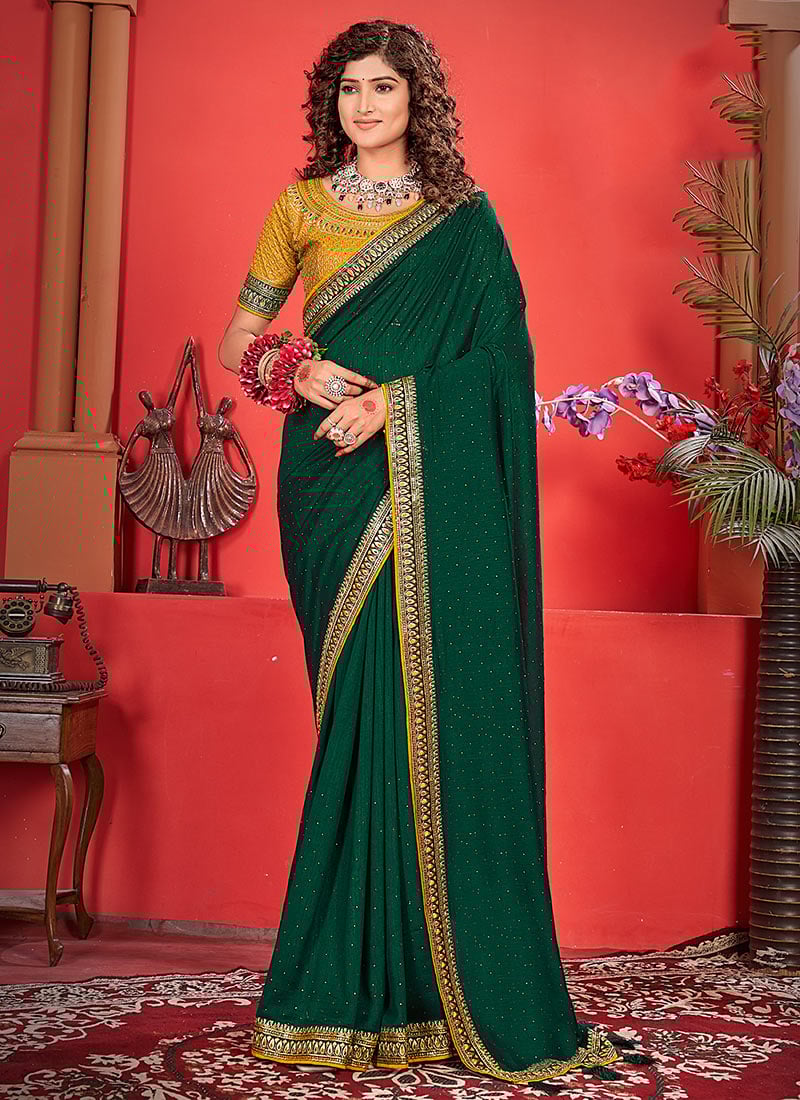 Green Vichitra Silk Embroidered Sequins Saree