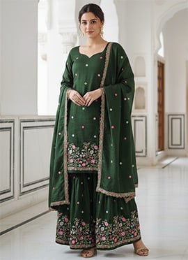 Green Vichitra Silk Embroidered Sharara Suit