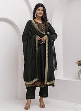Green Vichitra Silk Embroidered Straight Pant Suit
