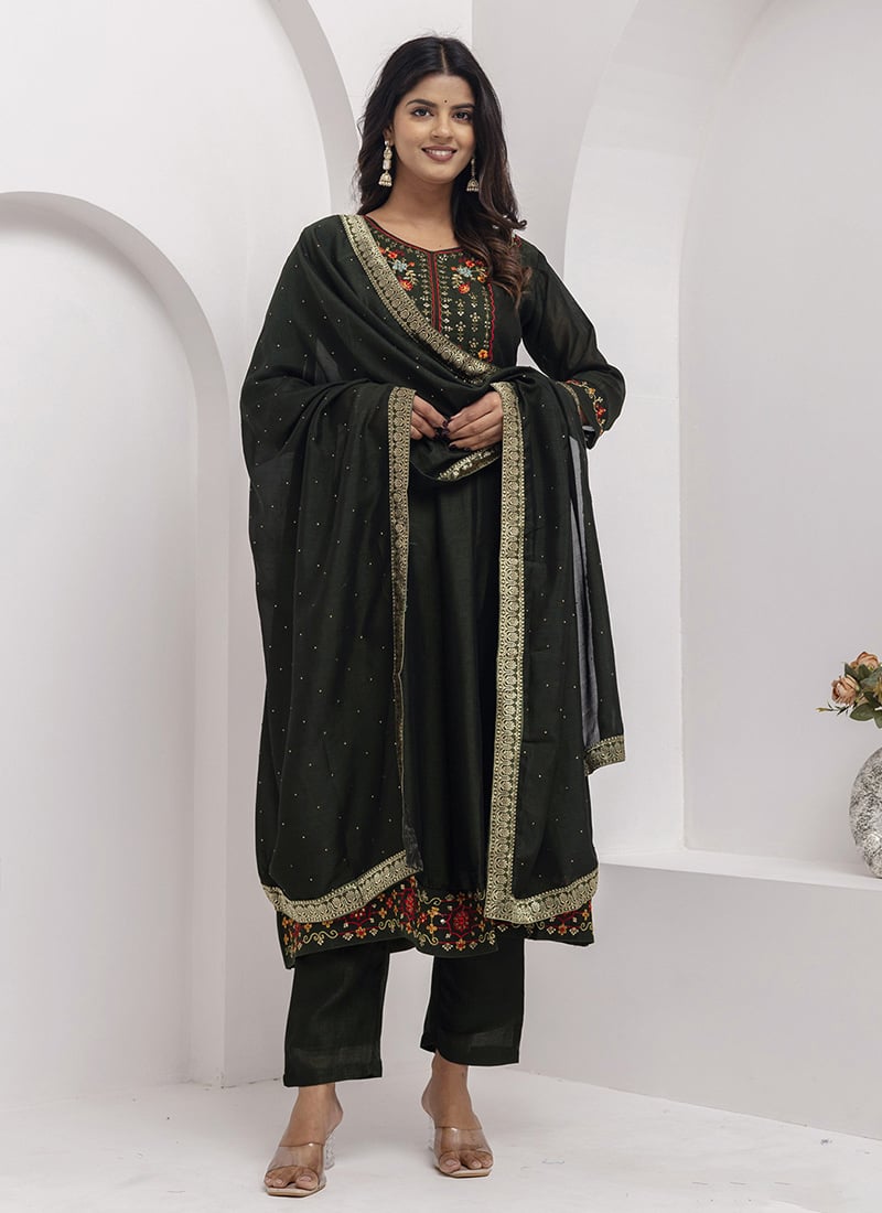 Green Vichitra Silk Embroidered Straight Pant Suit Festive Wear