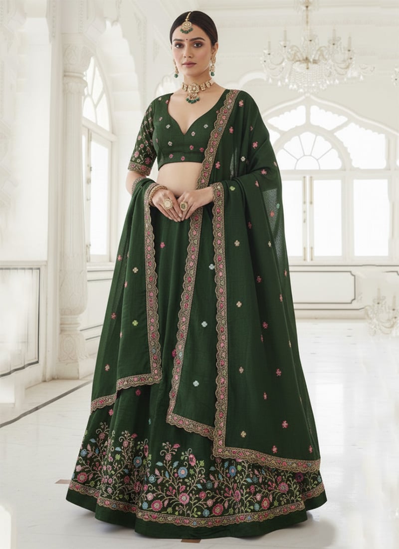 Green Vichitra Silk Embroidered Umbrella Lehenga Wedding Wear
