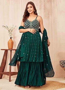 Green Vichitra Silk Embroidered Zari Thread Sharara Suit