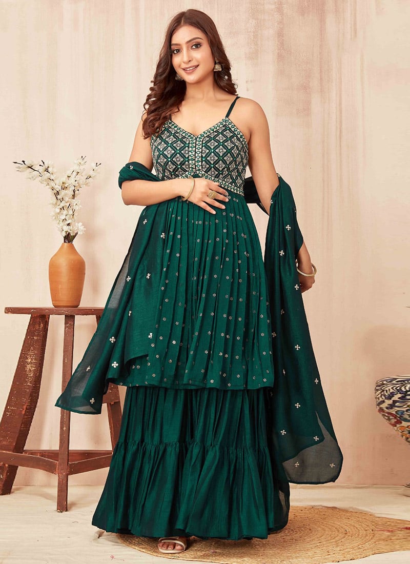 Green Vichitra Silk Embroidered Zari Thread Sharara Suit Festive Wear
