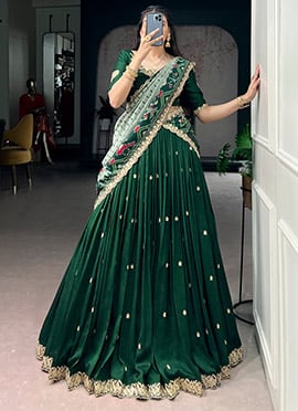 Green Vichitra Silk Sequins And Embroidered Lehenga