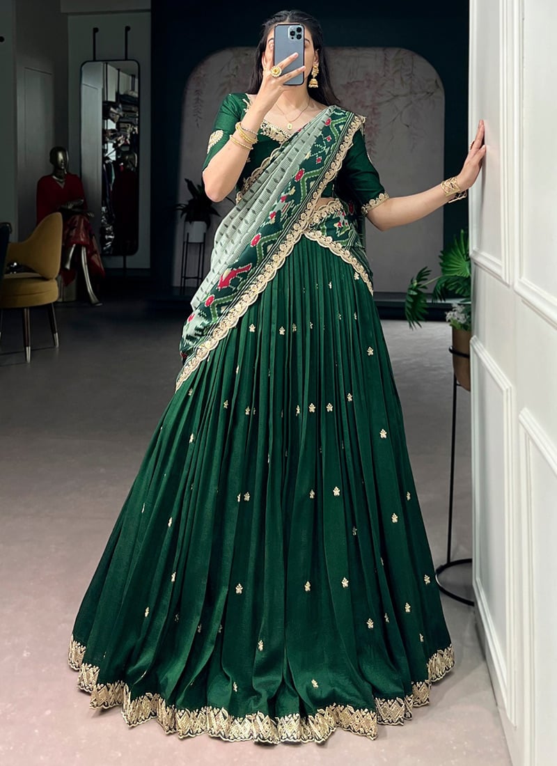 Green Vichitra Silk Sequins And Embroidered Lehenga Festive Wear