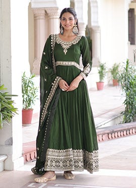 Green Vichitra Silk Sequins Embroidered Anarkali Suit