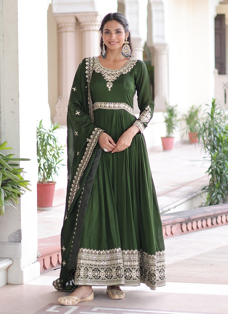 Green Vichitra Silk Sequins Embroidered Anarkali Suit Festive Wear