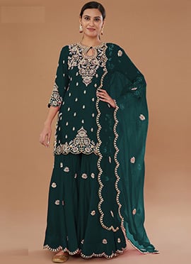 Green Vichitra Silk Zari And Embroidered Sequins Palazzo Suit