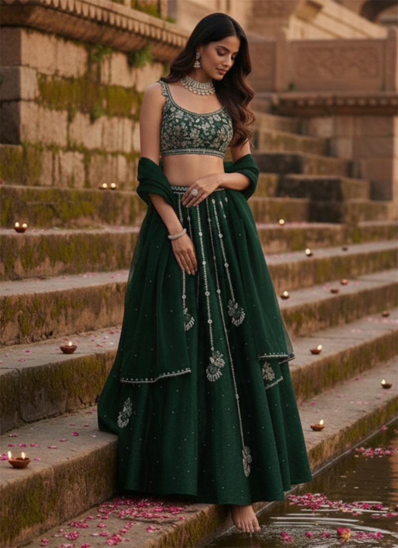 Green Vichitra Silk Zari Hand Embroidered Sequins Lehenga Wedding Wear