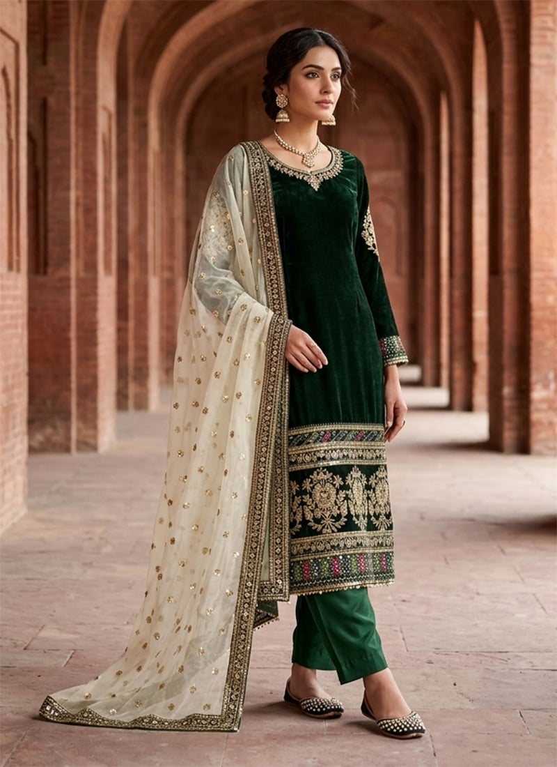 Green Viscos Velvet Embroidered Straight Pant Suit After Six Wear