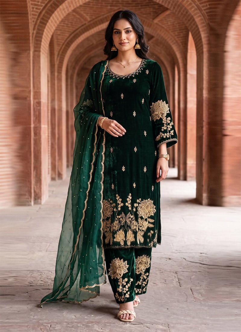 Green Viscos Velvet Embroidered Straight Pant Suit After Six Wear