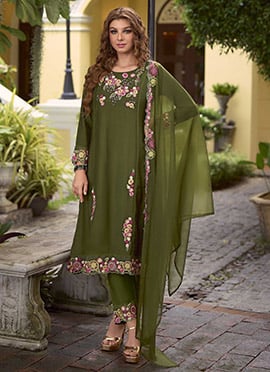 Green Viscose Beads And Thread Embroidered Sequins Straight Pant Suit