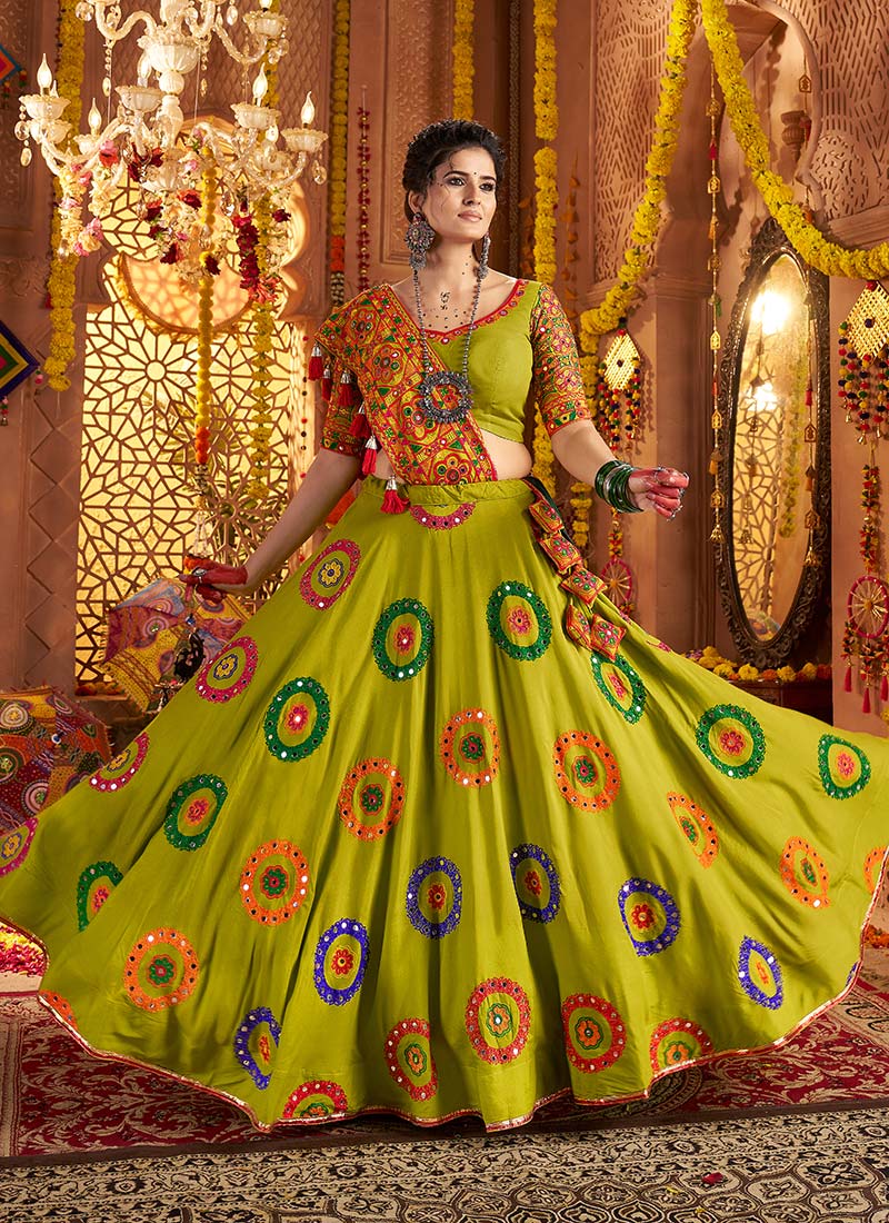 Green Viscose Cotton Kutch And Mirror Work Chaniya Choli Festive Wear-GHSOM11011