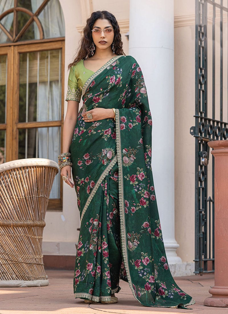 Green Viscose Dola Silk Zari Embroidered Sequins Floral Digital Print Saree Festive Wear
