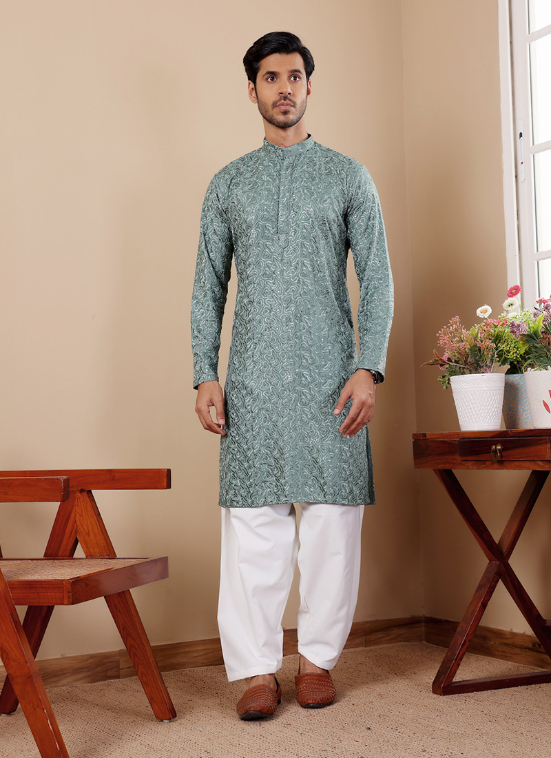 Green Viscose Embroidered Chikankari Work Kurta