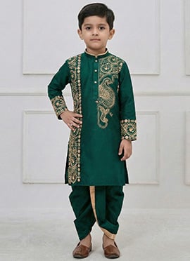 Green Viscose Embroidered Kids Boys Dhoti Kurta Pyjama