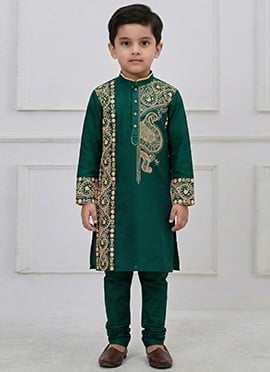 Green Viscose Embroidered Kids Boys Kurta Pyjama