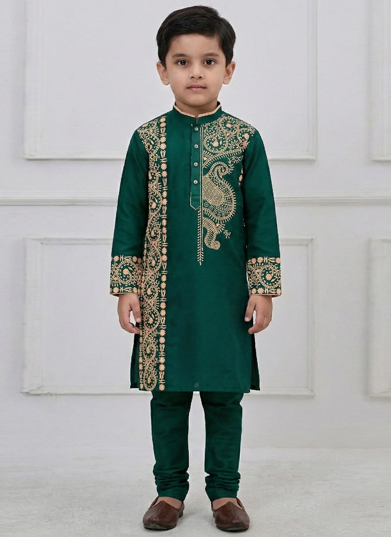 Green Viscose Embroidered Kids Boys Kurta Pyjama Festive Wear