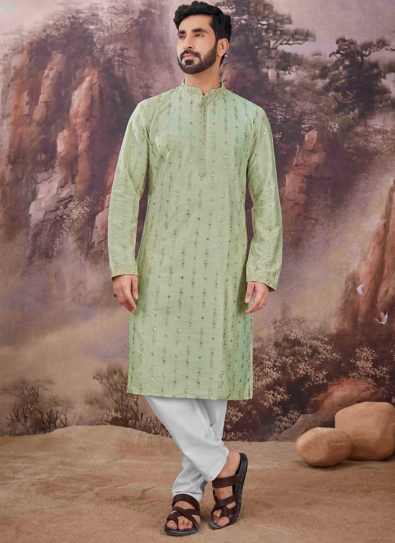 Green Viscose Embroidered Mirror Work Kurta Pyjama Festive Wear