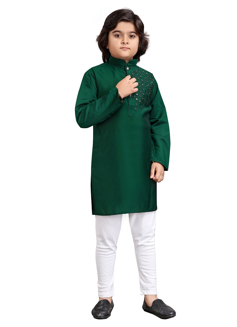 Green Viscose Embroidered Thread Kids Boys Kurta Pyjama Festive Wear