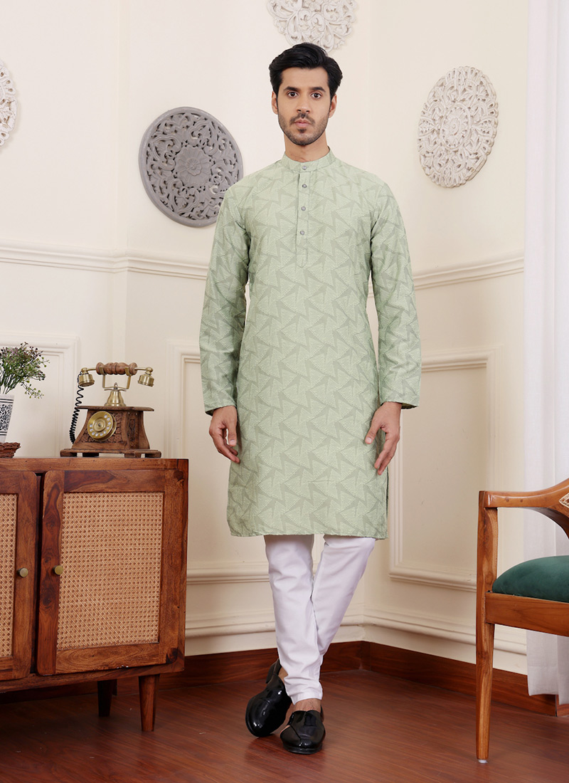 Green Viscose Jacquard Kurta