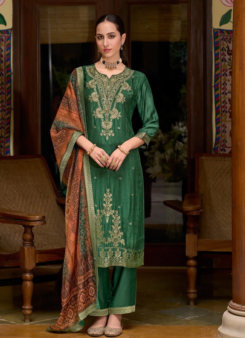 Green Viscose Jacquard Sequins Straight Pant Suit Festive Wear