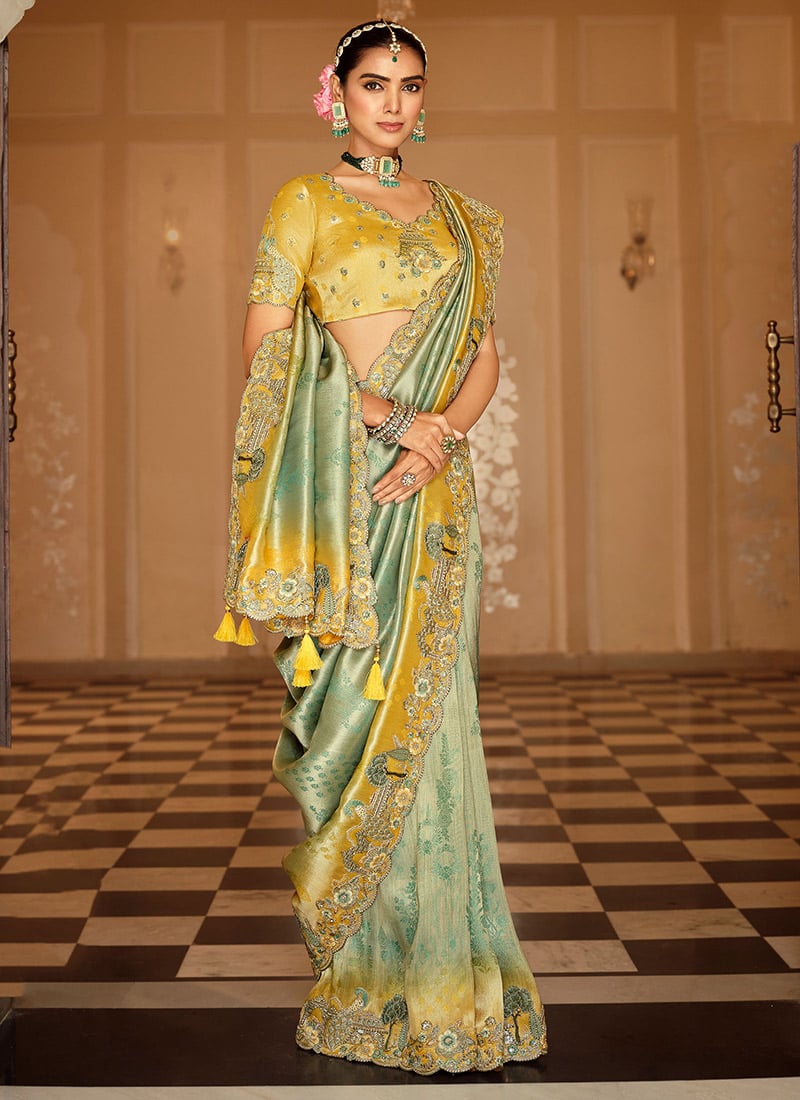 Green Viscose Jacquard Silk Zari And Sequins Embroidered Saree Festive Wear