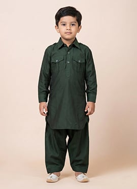 Green Viscose Kids Boys Pathani Set