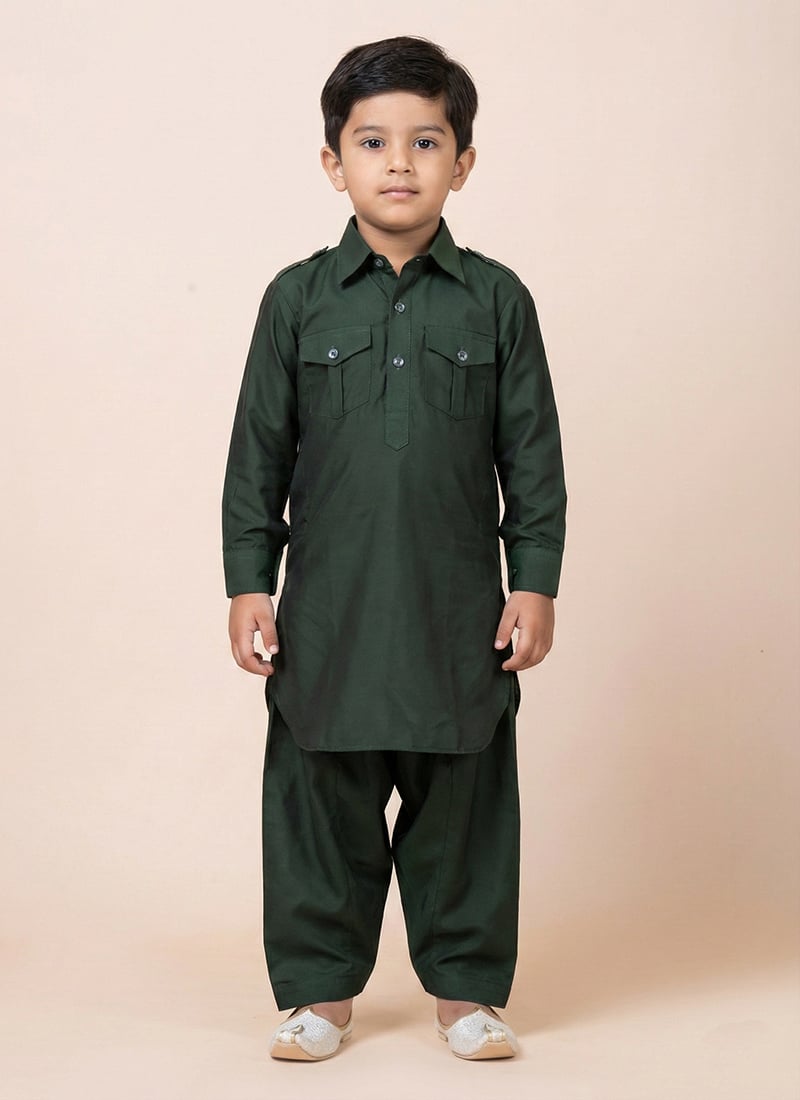 Green Viscose Kids Boys Pathani Set Festive Wear